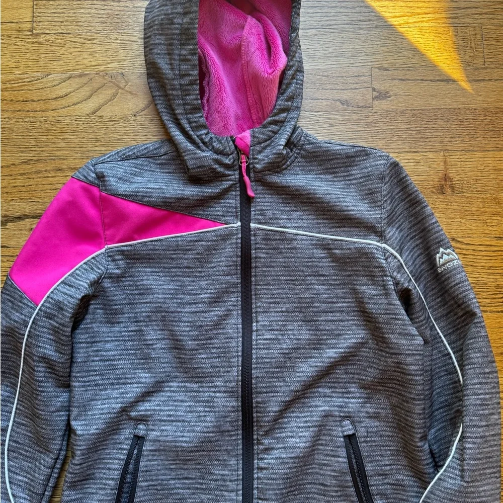 SNOZU Grey Pink HOODED JACKET with PINK‎ FLEECE LINING Girls Size large 14-16